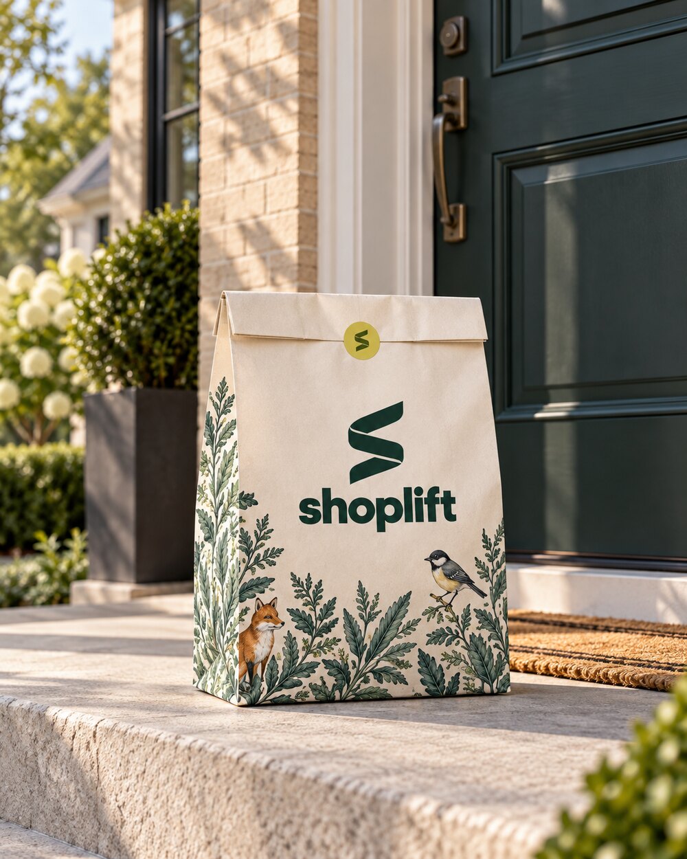 A closed Shoplift delivery bag on a sunlit doorstep